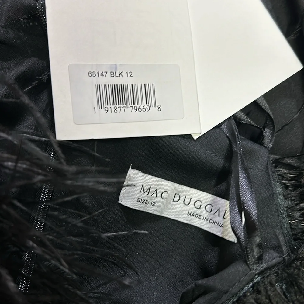 Mac Duggal 68147 Feather Trim One Shoulder Draped Dress Size 12 NWT Black - Picture 4 of 5
